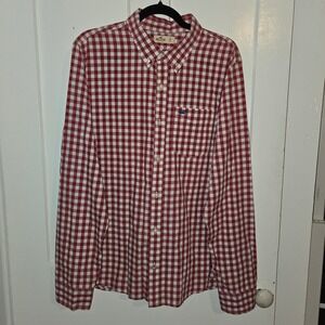 Hollister Mens XL Red White Gingham Button‎ Down Long Sleeve Shirt Seagull Logo